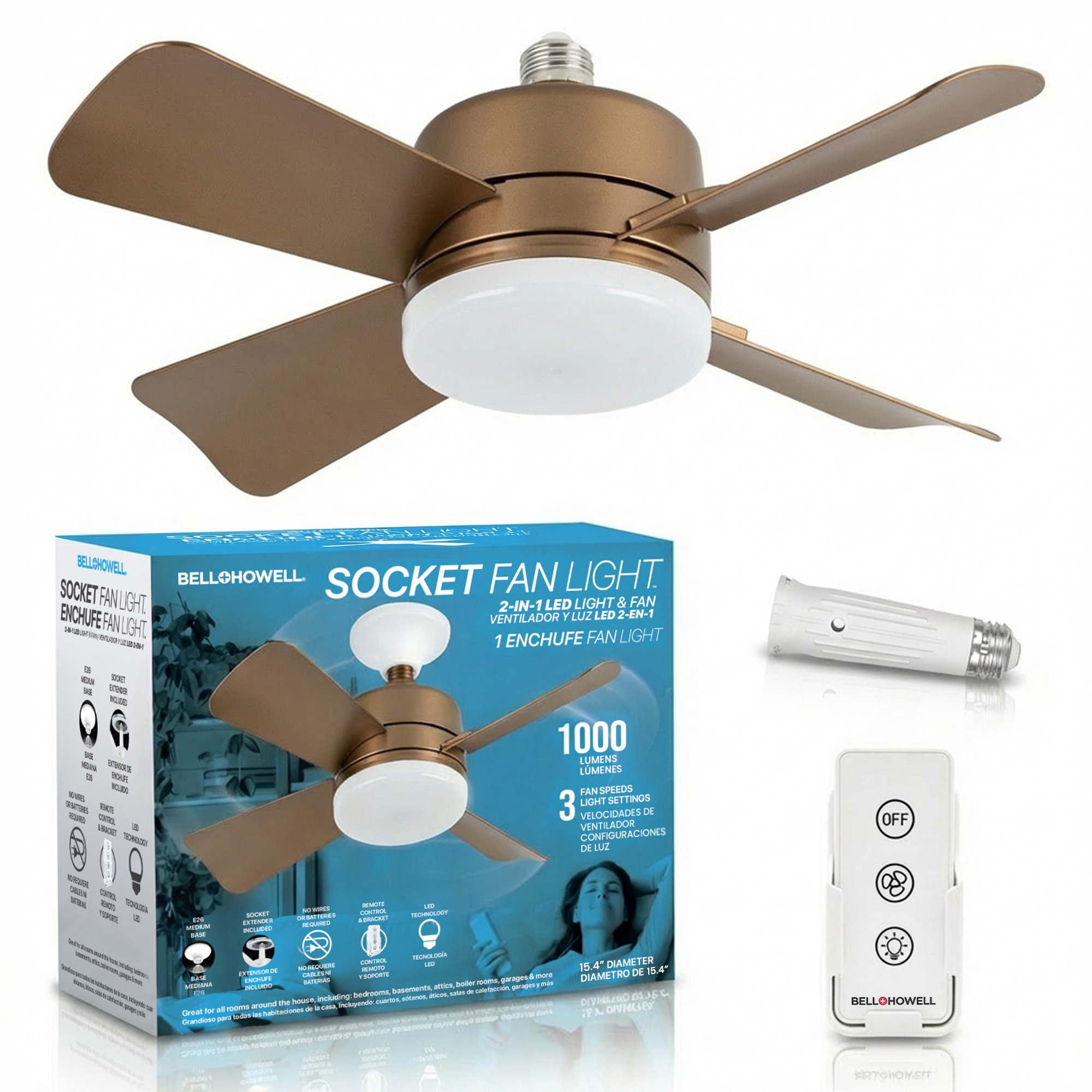 Bell + Howell Socket Breeze Socket Fan Light with Remote, 3 Fan Speeds, 3 Light Settings, 3500K Warm LED, 1000 Lumens, Bronze, 2223